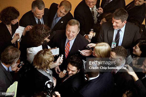 Senate Majority Whip Dick Durbin talks to reporters after a news conference about Democratic efforts to pass an omnibus veterans� health bill at the...