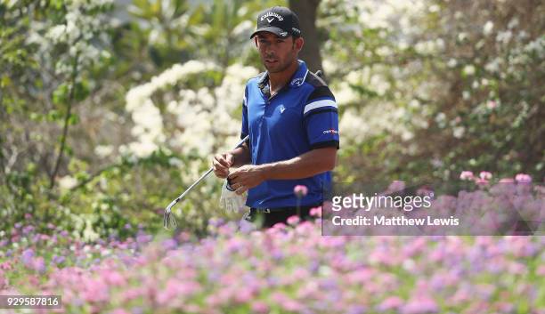 Pablo Larrazabal of Spain walks off the 5th hole during day two of the Hero Indian Open at Dlf Golf and Country Club on March 9, 2018 in New Delhi,...