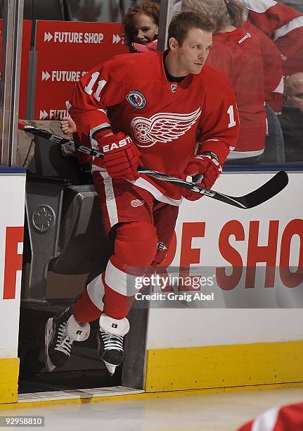 Daniel Cleary of the Detroit Red Wings jumps as he takes to the ice prior to game action against the Toronto Maple Leafs November 7, 2009 at the Air...