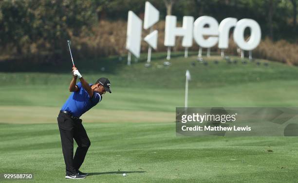 Pablo Larrazabal of Spain plays his second shot from the 6th fairway during day two of the Hero Indian Open at Dlf Golf and Country Club on March 9,...