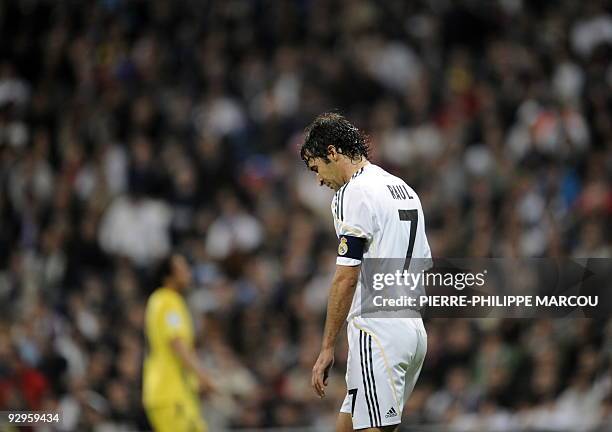 Real Madrid's captain Raul Gonzalez gestures during a King's Cup football match against Alcorcon at Santiago Bernabeu stadium in Madrid on November...
