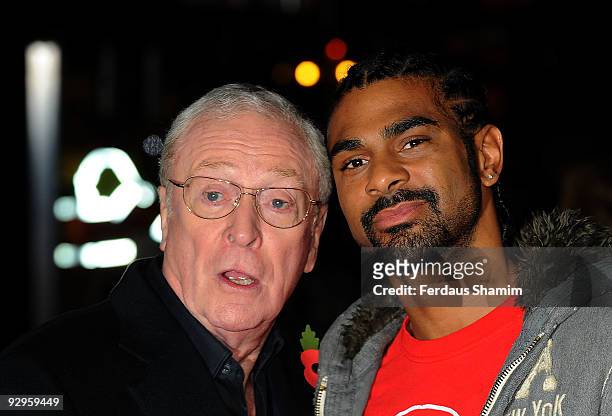 Actor Michael Caine and WBA heavyweight champion David Haye attend the European Premiere of 'Harry Brown' at Odeon Leicester Square on November 10,...