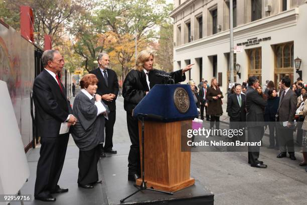 New York City Mayor Michael Bloomberg, human rights organizer Helen Bamber, NYU President John Sexton and actress Emma Thompson attend the "Journey"...