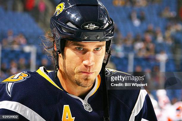 Steve Montador of the Buffalo Sabres warms up to play the New York Islanders on November 4, 2009 at HSBC Arena in Buffalo, New York.