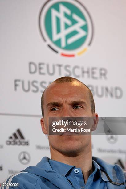 Goalkeeper Robert Enke attends the German national team press conference on March 27, 2009 in Leipzig, Germany. Enke, aged 32, the goalkeeper of...