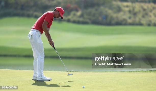Paul Peterson of the United States makes a putt on the 5th hole during day two of the Hero Indian Open at Dlf Golf and Country Club on March 9, 2018...
