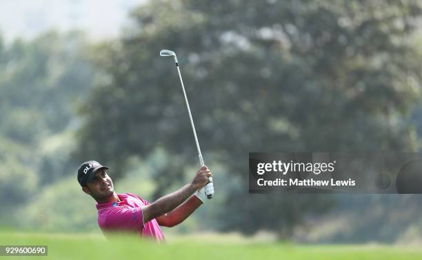 Shubhankar Sharma of India plays his second shot from th 6th fairway during day two of the Hero Indian Open at Dlf Golf and Country Club on March 9,...