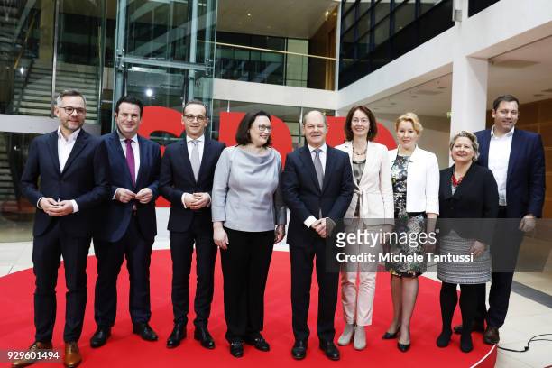 Andrea Nahles and Olaf Scholz pose with SPD The candidates of the SPD for the Cabinet from Michael Roth, Hubertus Heil, Heiko Maas, Katarina Barley,...