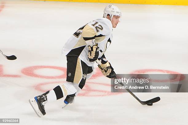 Chris Bourque of the Pittsburgh Penguins skates with the puck against the Los Angeles Kings on November 5, 2009 at Staples Center in Los Angeles,...