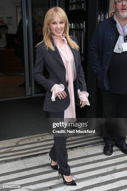 Kylie Minogue seen at BBC Radio 2 on March 9, 2018 in London, England.