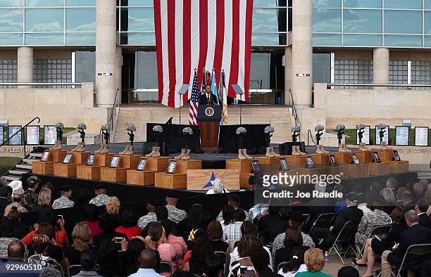 President Barack Obama speaks during a memorial service for the thirteen victims of the shooting rampage by U.S. Army Major Nidal Malik Hasan on...