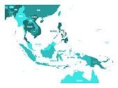 Map of Southeast Asia. Vector map in shades of turquoise blue