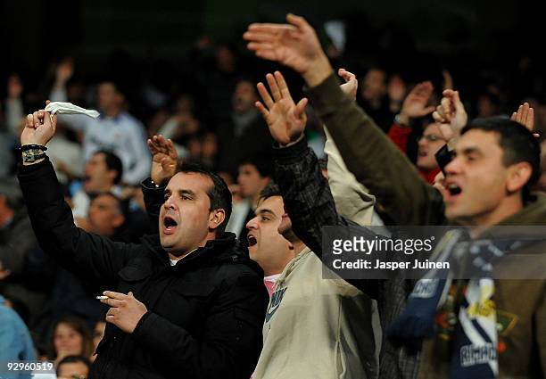 Real Madrid fans react in anger during the Copa del Rey fourth round, second leg match between Real Madrid and AD Alcorcon at the Estadio Santiago...