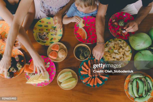 family eats tropical fruits on patio - annona cherimola stock pictures, royalty-free photos & images