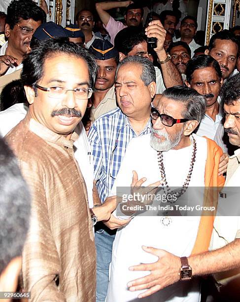 Shivsena president Balasaheb Thackeray along with Executive president Uddhav Thackeray outside Sena Bhavan before addressing to the newly elected...