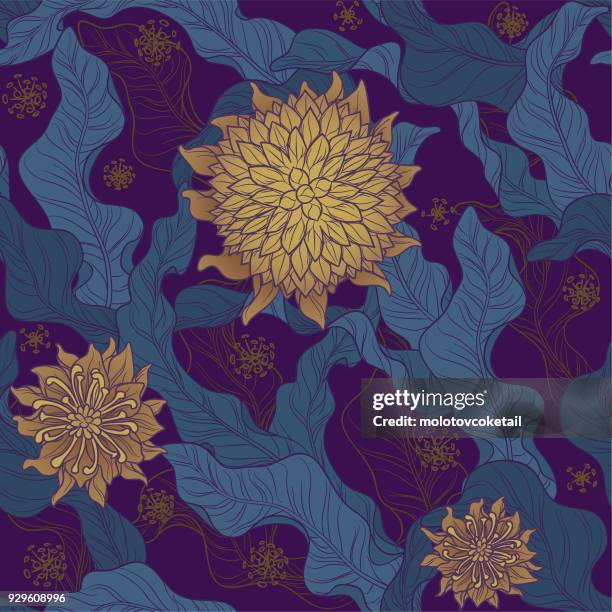 ilustrações de stock, clip art, desenhos animados e ícones de seamless floral motif wallpaper pattern in purple & gold - seamless flower aquarel