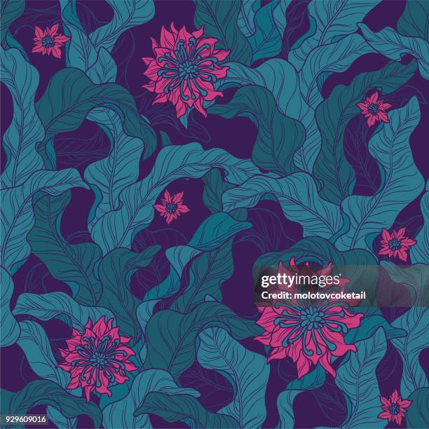 ilustrações, clipart, desenhos animados e ícones de padrão de papel de parede sem costura motivo floral em verde e magenta - tropical