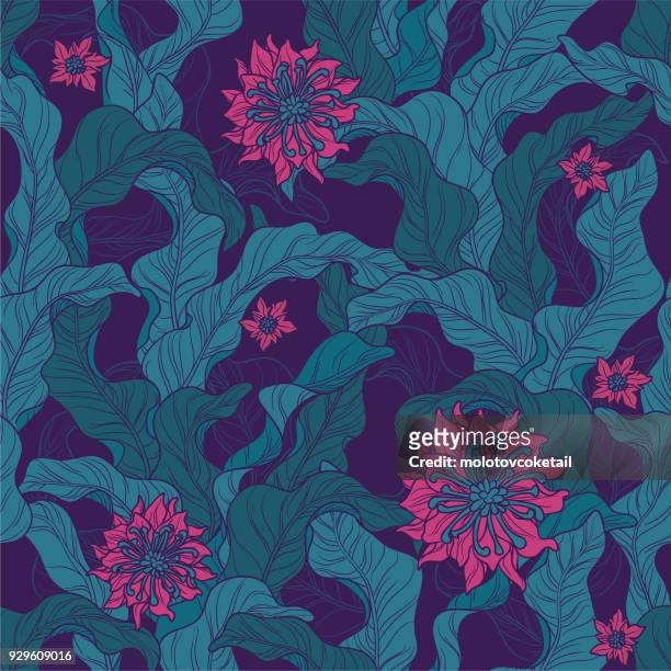 seamless floral motif wallpaper pattern in green & magenta - malaysia stock illustrations