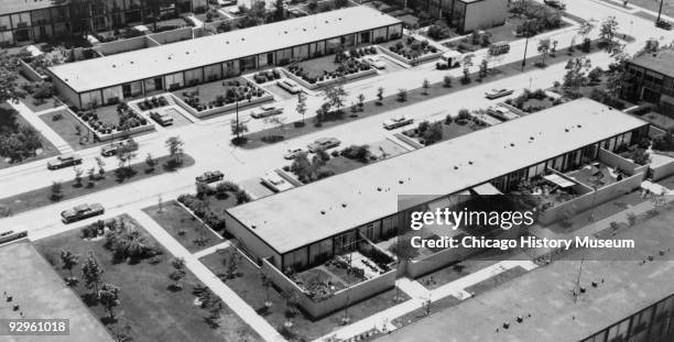 Aerial photograph of the Lafayette Park development in Detroit, MI, 1974. The complex, which includes high and low rise apartment and coop buildings,...