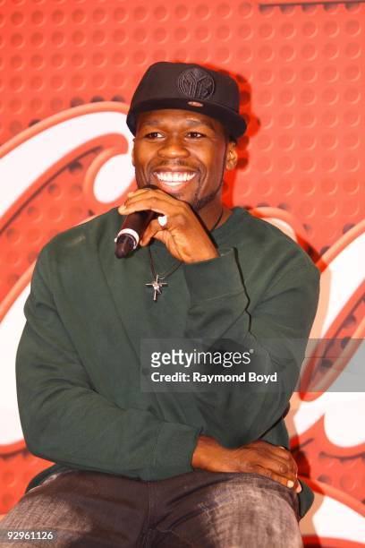 November 09: Rapper/actor Curtis "50 Cent" Jackson is interviewed while visiting the WGCI-FM "Coca-Cola Lounge" in Chicago, Illinois on November 09,...