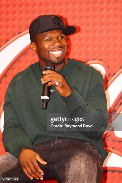 November 09: Rapper/actor Curtis "50 Cent" Jackson is interviewed while visiting the WGCI-FM "Coca-Cola Lounge" in Chicago, Illinois on November 09,...