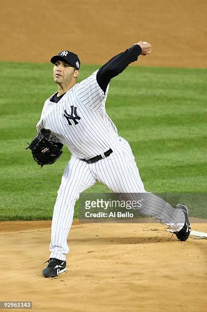 Starting pitcher Andy Pettitte of the New York Yankees throws a pitch against the Philadelphia Phillies in Game Six of the 2009 MLB World Series at...