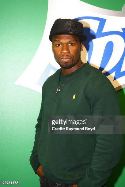 November 09: Rapper/actor Curtis "50 Cent" Jackson poses for photos while visiting the WGCI-FM "Coca-Cola Lounge" in Chicago, Illinois on November...