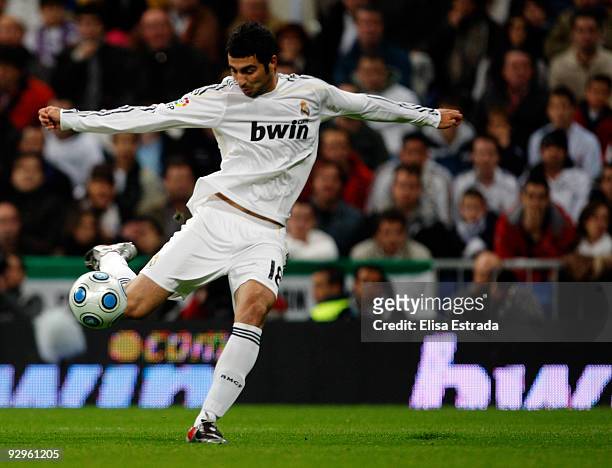 Raul Albiol of Real Madrid shoots on goal during the Copa del Rey match between Real Madrid and AD Alcorcon at Estadio Santiago Bernabeu on November...