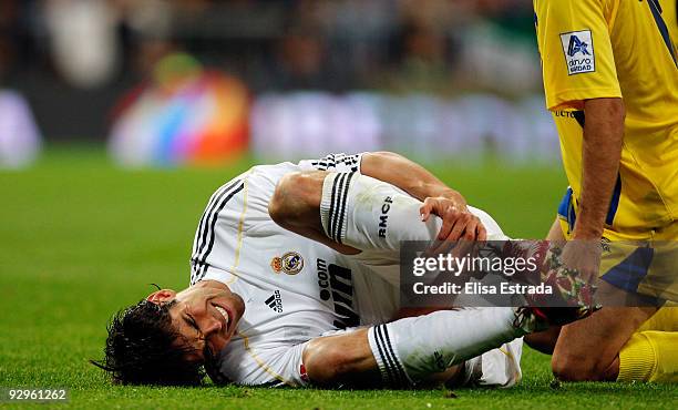 Kaka of Real Madrid lies injured during the Copa del Rey match between Real Madrid and AD Alcorcon at Estadio Santiago Bernabeu on November 10, 2009...