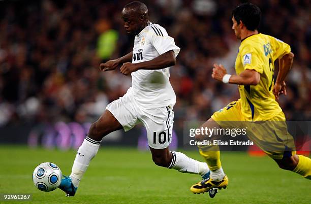 Lassana Diarra of Real Madrid in action during the Copa del Rey match between Real Madrid and AD Alcorcon at Estadio Santiago Bernabeu on November...