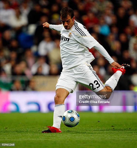 Rafael Van der Vaart of Real Madrid shoots on goal during the Copa del Rey match between Real Madrid and AD Alcorcon at Estadio Santiago Bernabeu on...