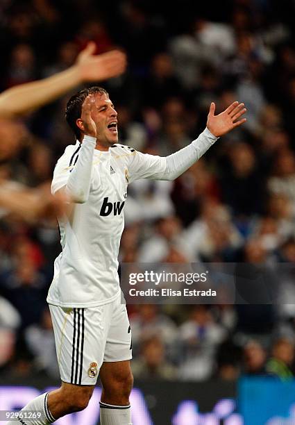 Rafael Van der Vaart of Real Madrid reacts during the Copa del Rey match between Real Madrid and AD Alcorcon at Estadio Santiago Bernabeu on November...
