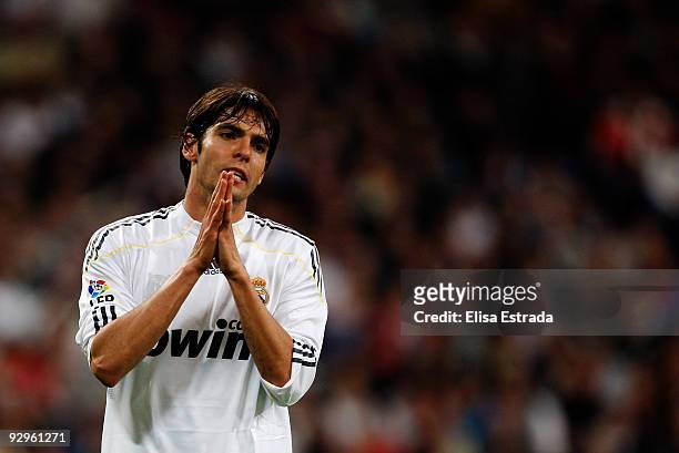 Kaka of Real Madrid reacts after missing a shot at goal during the Copa del Rey match between Real Madrid and AD Alcorcon at Estadio Santiago...