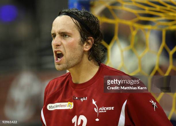 Silvio Heinevetter of Berlin reacts during the Toyota Handball Bundesliga match between Fuechse Berlin and THW Kiel at the Max-Schmeling hall on...