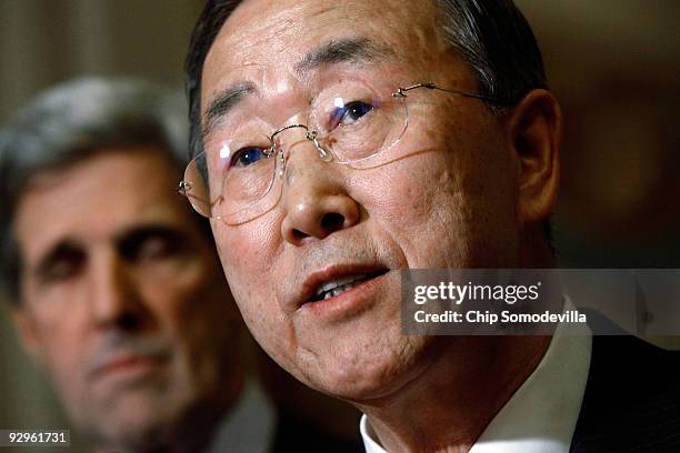 United Nations Secretary General Ban Ki-Moon makes brief remarks after meeting with Senate Foreign Relations Committee Chairman John Kerry at the...