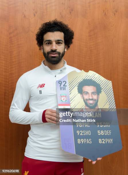 Mohamed Salah is Awarded with the EA SPORTS Player of the Month for February at Melwood Training Ground on March 8, 2018 in Liverpool, England.