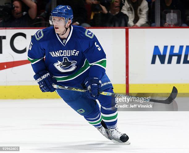 Christian Ehrhoff of the Vancouver Canucks skates up ice during their game against the Colorado Avalanche at General Motors Place on November 1, 2009...