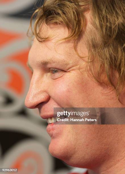 Thomas Waldrom of the Crusaders is interviewed during the 2010 Super 14 squad announcement at the Deloittes Centre on November 11, 2009 in Auckland,...