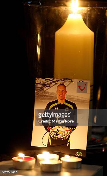 Picture of Robert Enke in front of the AWD Arena on November 10, 2009 in Hanover, Germany. Enke goalkeeper for Hanover 96 and the German national...