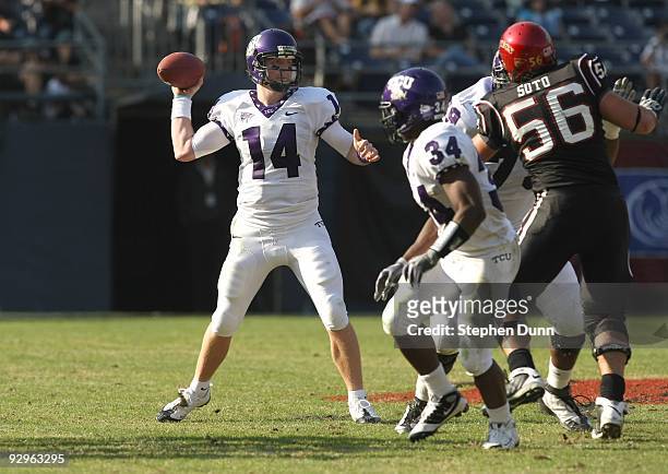 Quarterback Andy Dalton of the Texas Christian University Horned Frogs throws a pass in the game against the San Diego State Aztecs on November 7,...