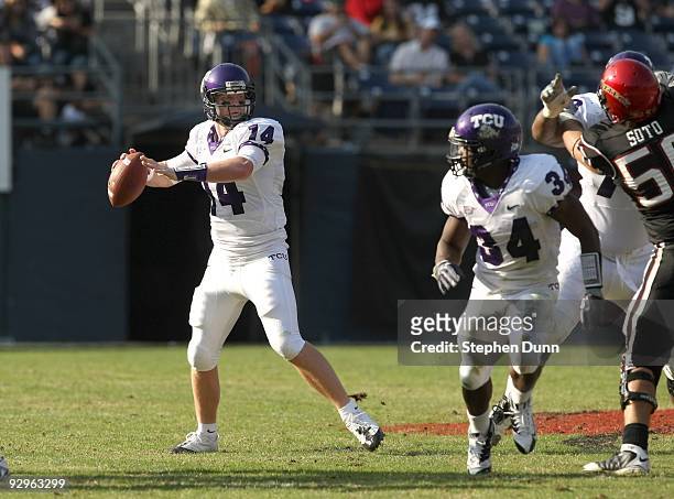 Quarterback Andy Dalton of the Texas Christian University Horned Frogs throws a pass in the game against the San Diego State Aztecs on November 7,...