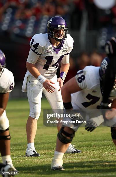 Quarterback Andy Dalton of the Texas Christian University Horned Frogs calls signals in the game against the San Diego State Aztecs on November 7,...