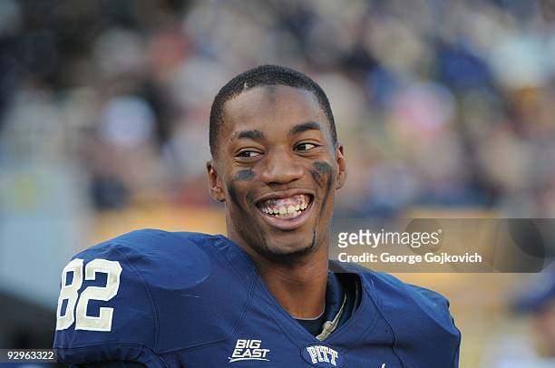 Wide receiver Jonathan Baldwin of the University of Pittsburgh Panthers smiles while on the sideline during a college football game against the...