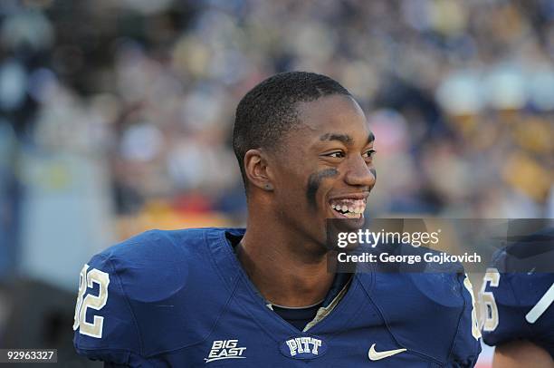 Wide receiver Jonathan Baldwin of the University of Pittsburgh Panthers smiles while on the sideline during a college football game against the...