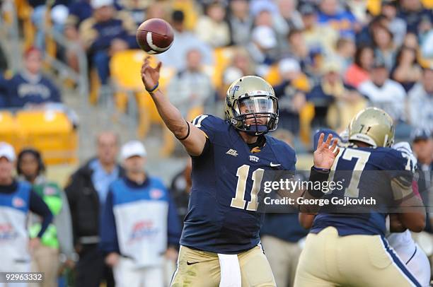 Quarterback Bill Stull of the University of Pittsburgh Panthers passes during a college football game against the University of Connecticut Huskies...