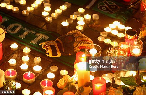 Goalkeeper glove is lay down in front of the AWD Arena on November 10, 2009 in Hanover, Germany. Enke goalkeeper for Hanover 96 and the German...