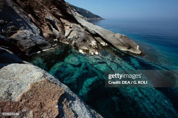 Section of the northeast coast of Giglio island, Tuscan Archipelago National Park, Tuscany, Italy.