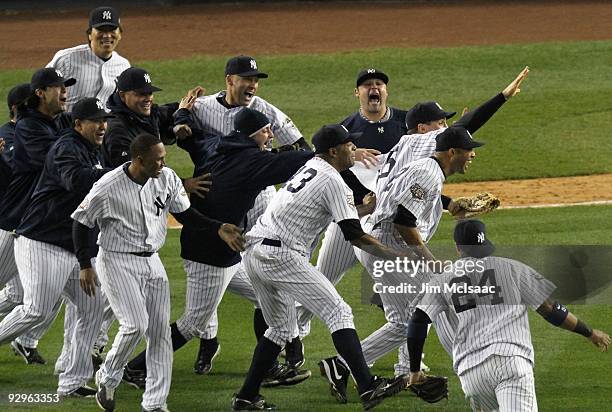 The New York Yankees celebrate after their 7-3 win against the Philadelphia Phillies in Game Six of the 2009 MLB World Series at Yankee Stadium on...