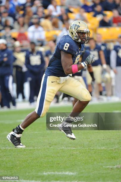 Linebacker Adam Gunn of the University of Pittsburgh Panthers pursues the play during a college football game against the University of Connecticut...