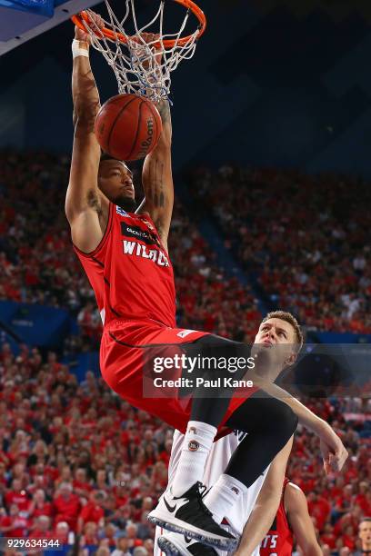Jean-Pierre Tokoto of the Wildcats dunks the ball during game two of the NBL Semi Final series between the Adelaide 36ers and the Perth Wildcats at...
